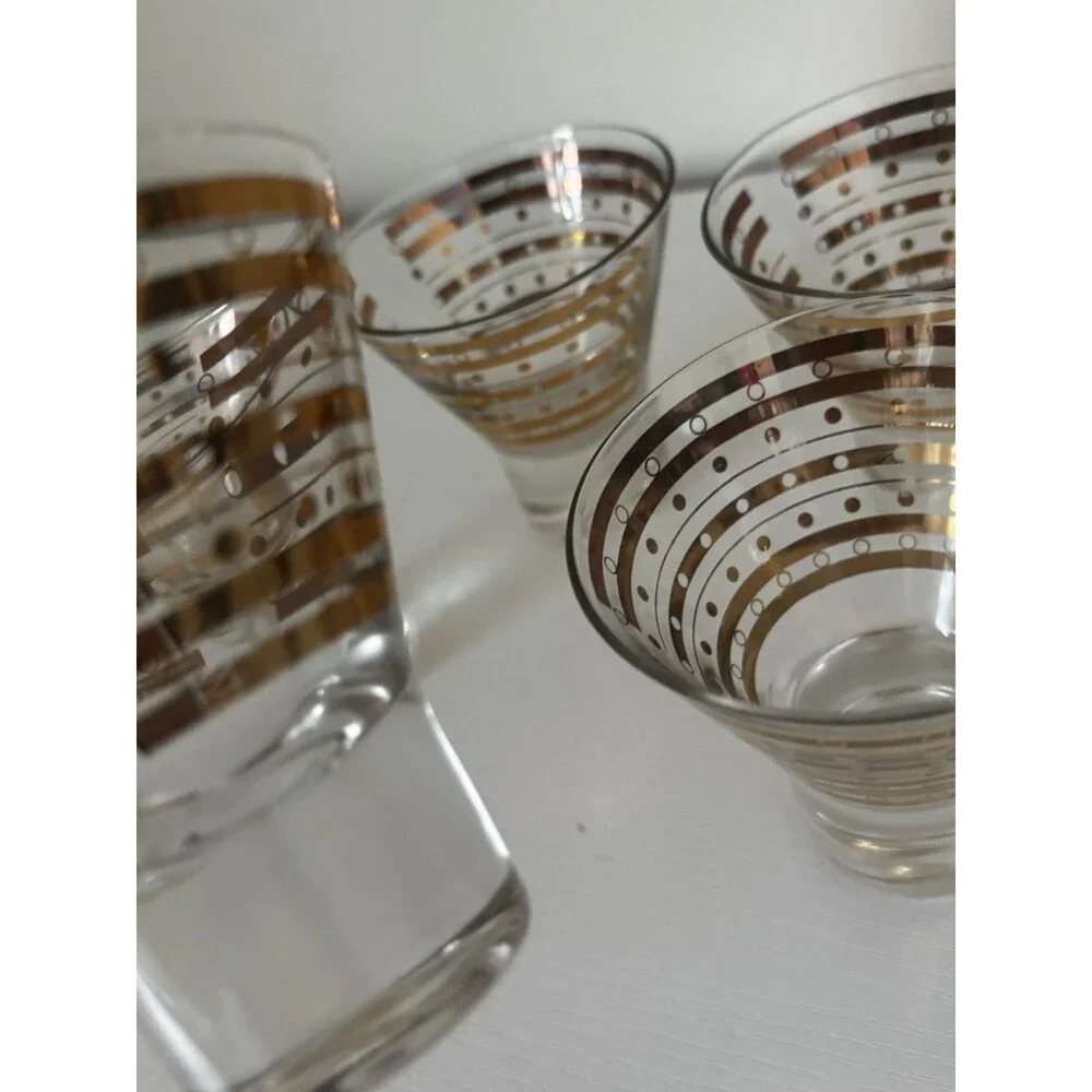 5 Vintage MCM Art Deco Dessert Cocktail Martini Glasses Flared Gold Rim 1960s